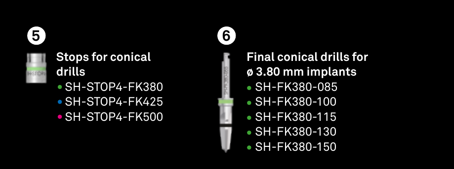 Final conical drills, colour-coded per fixture diameter